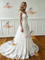 White Lace V-neck Long Sleeve Wedding Dress