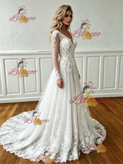 White Lace V-neck Long Sleeve Wedding Dress