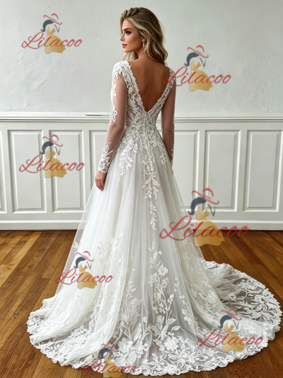 White Lace V-neck Long Sleeve Wedding Dress