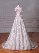 Pink Tulle Sequins Strapless 3D Flower Prom Dress