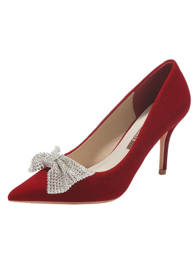 Red High-heeled Bow Wedding Shoes