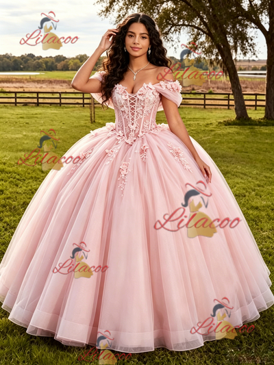 Pink Off the Shoulder Appliques Quinceanera Dress