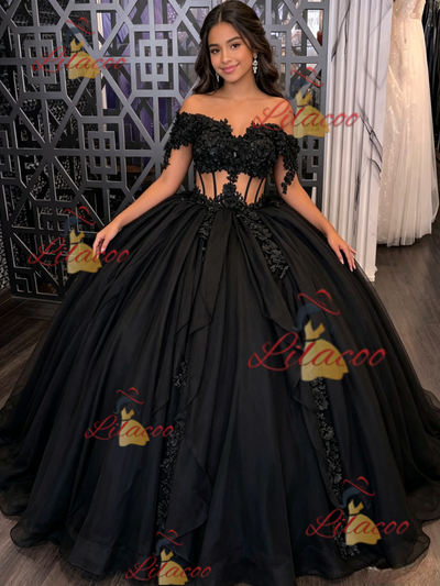 Black Tulle Off the Shoulder Appliques Quinceanera Dress