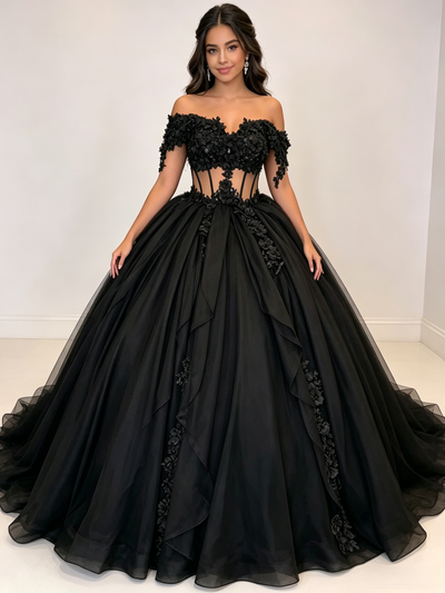 Black Tulle Off the Shoulder Appliques Quinceanera Dress