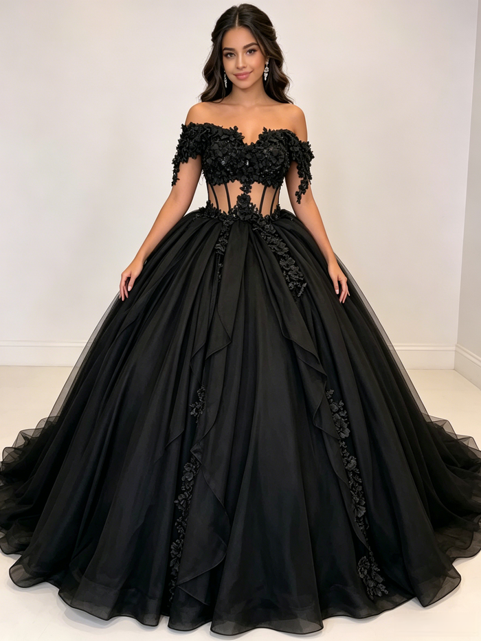 Black Tulle Off the Shoulder Appliques Quinceanera Dress