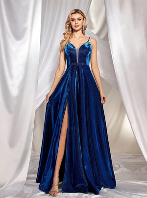 Blue V-neck Straps Split Prom Dress
