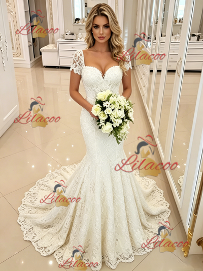 White Mermaid Lace Short Sleeve Wedding Dress