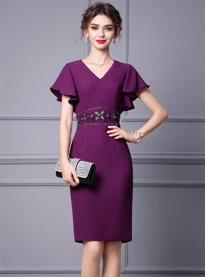 Purple V-neck Beading Mother Of The Bride Dress