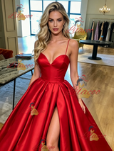 Red Satin Spaghetti Straps Prom Dress