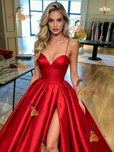 Red Satin Spaghetti Straps Prom Dress