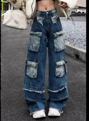 Straight Retro Pocket Overalls Straight Jeans