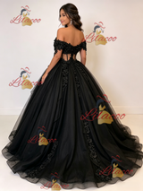 Black Tulle Off the Shoulder Appliques Quinceanera Dress