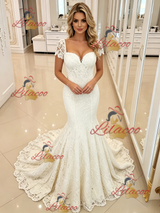 White Mermaid Lace Short Sleeve Wedding Dress