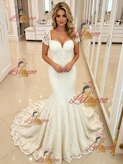 White Mermaid Lace Short Sleeve Wedding Dress