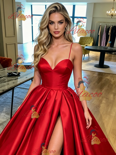 Red Satin Spaghetti Straps Prom Dress