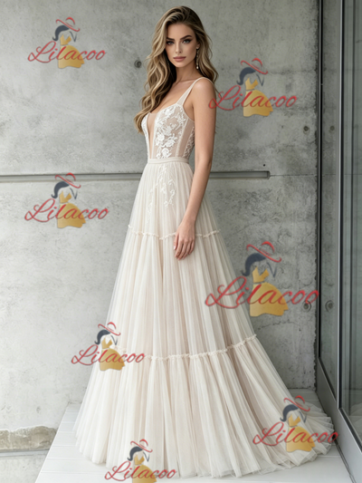 Ivory Tulle Lace Straps Wedding Dress
