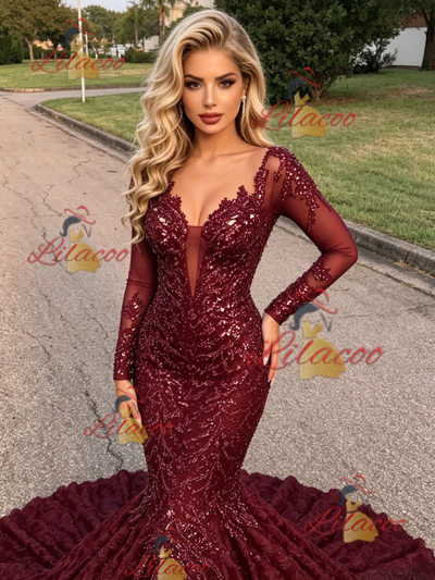 Burgundy Sequins Long Sleeve Prom Dress
