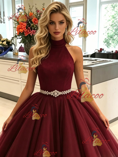 Bugundy Tuller Halter Prom Dress