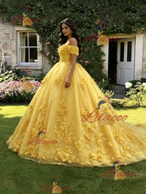 Yellow Tulle Off the Shoulder 3D Appliques Quinceanera Dress