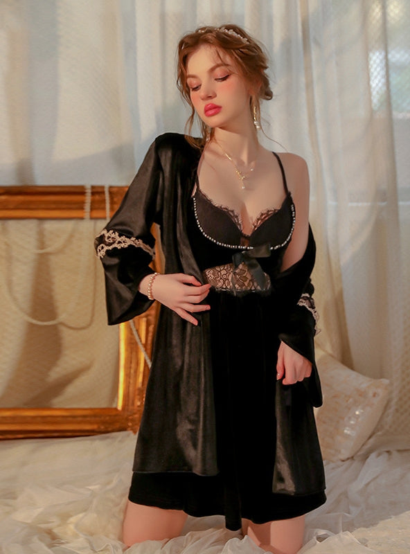 Velvet Suspender Lace Splicing Suit