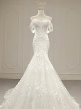 White Mermaid Tulle Appliques Wedding Dress