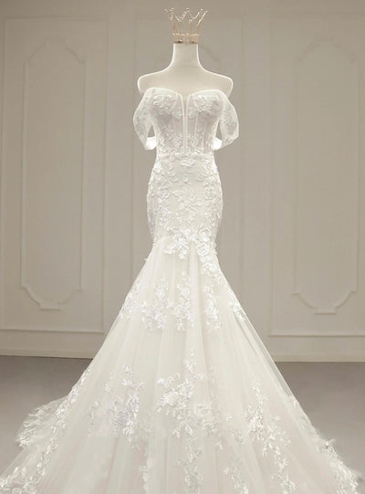 White Mermaid Tulle Appliques Wedding Dress