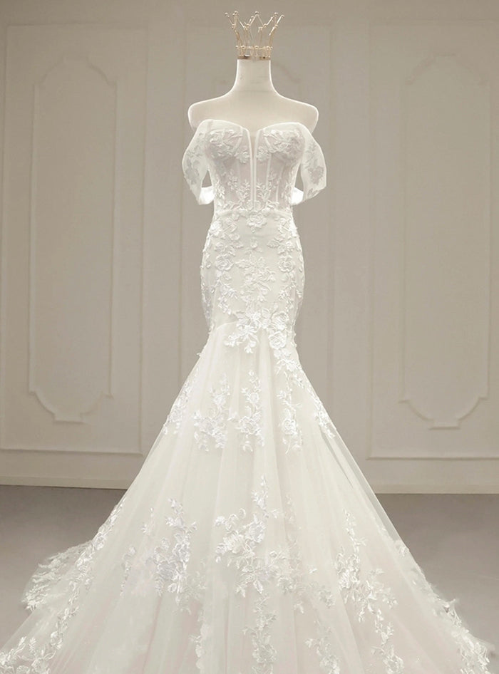 White Mermaid Tulle Appliques Wedding Dress