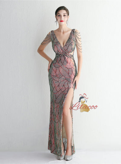 Sexy V-neck Sleeveless Beading Prom Dress