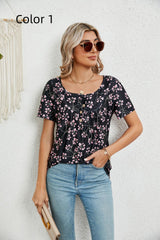 Printed Short-sleeved Pleated Buttons T-shirt