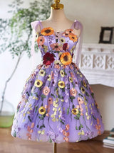 Purple Tulle Flower Straps Homecoming Dress