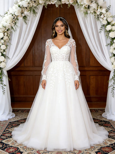 White Tulle Appliques Long Sleeve V-neck Wedding Dress