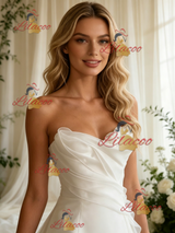 White Tulle Strapless Pleats Wedidng Dress