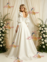 Short Sleeve Satin Square Neck Wedding Dress
