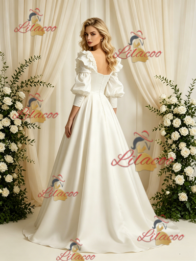 Short Sleeve Satin Square Neck Wedding Dress