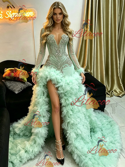 Sexy Green Long Sleeve Beading Prom Dress