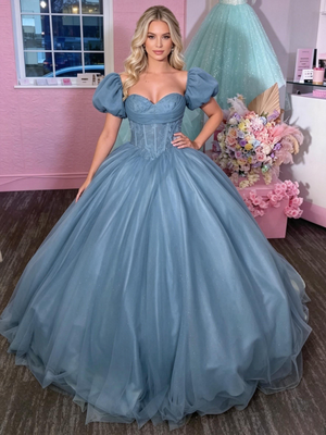 Blue Tulle Puff Sleeve Appliques Prom Dress