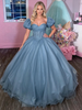 Blue Tulle Puff Sleeve Appliques Prom Dress