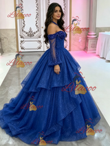Blue Long Sleeve Sequins Beading Quinceanera Dress