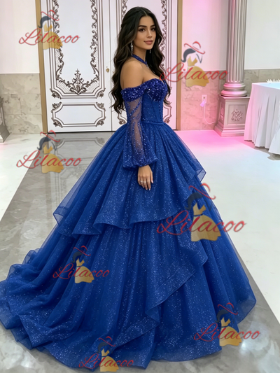 Blue Long Sleeve Sequins Beading Quinceanera Dress