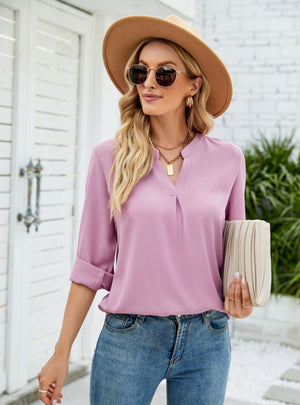 Solid Color Chiffon Loose V-neck Long Sleeve Shirt