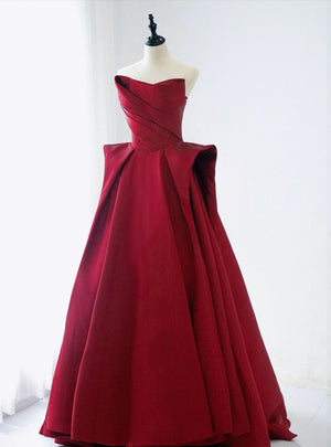 Burgundy Satin Strapless Pleats Prom Dress