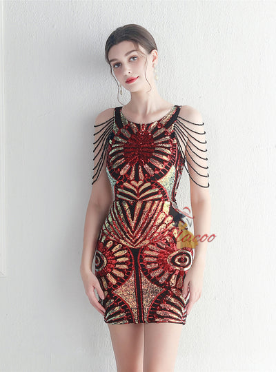 Burgundy Sequins Beading Mini Prom Dress