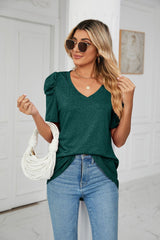 Loose Pleated V-neck Short Sleeve T-shirt