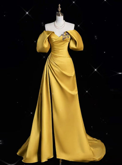 Yellow Satin Pleats Beading Prom Dress