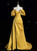 Yellow Satin Pleats Beading Prom Dress