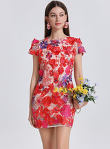 Bubble Sleeve Floral Short Dress