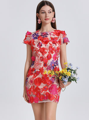 Bubble Sleeve Floral Short Dress