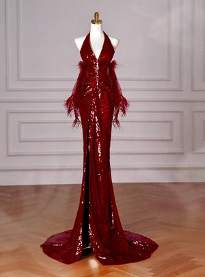 Burgundy Mermaid Pleats Backless Prom Dress