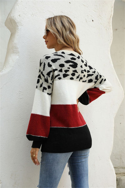 Spliced Leopard Print Round Neck Sweater