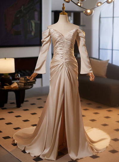 Champagne Mermaid Satin Pleats Wedding Dress